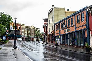 Rain falls on Broadway in Saranac Lake, NY on Sunday, July 18, 2021.