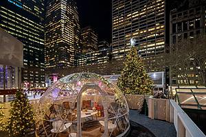 Photographs of the Cozy Igloos at Bryant Park Winter Village in New York City.