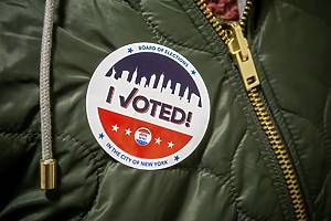New York NY/USA-November 5, 2019 A voter wears her "I Voted" sticker on Election Day in New York