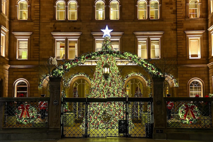 New York City USA - 10 Dec. 2024: The beautiful Christmas tree in the courtyard of the Lotte New York Palace in New York, N.Y.
