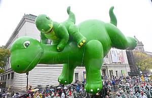 NEW YORK, NEW YORK - NOVEMBER 28: Sinclair’s Dino® and Baby Dinos as seen during 98th Macy's Thanksgiving Day Parade on November 28, 2024 in New York City. (Photo by Eugene Gologursky/Getty Images for Macy's)