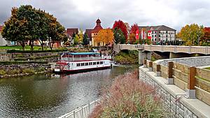 Frankenmuth Michigan in the Fall with the iconic boat in view. Near the Bavarian lodge. Beautiful fall colors are seen