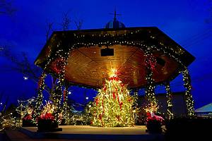 Cape May, NJ, USA - Dec. 4, 2023: Cape May's Washington Street Mall is festooned with colorful decorations and lights during the Christmas season.