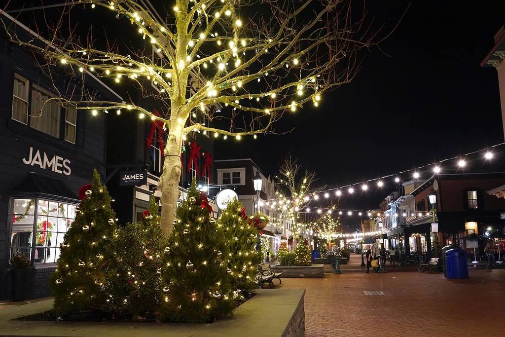Cape May, NJ, USA - Dec. 4, 2023: Cape May's Washington Street Mall is festooned with colorful decorations and lights during the Christmas season.