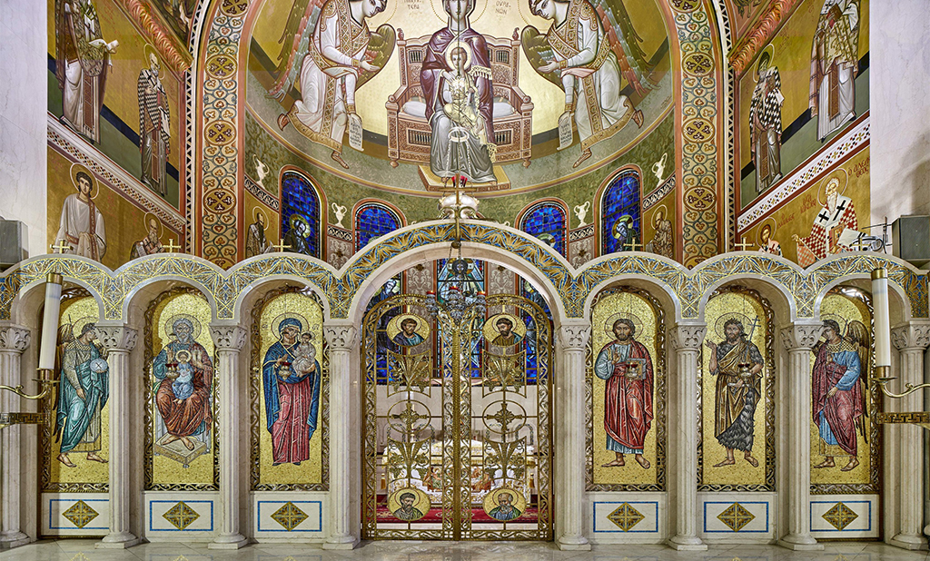 The beautifully decorated and painted dome and altar of the Archdiocesan Cathedral of the Holy Trinity in NYC