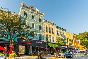 Nyack, NY - US - Sep 4, 2024 :landscape view the line of colorful shops and cafes along Main Street in Nyack's historic downtown in Rockland County, NY.