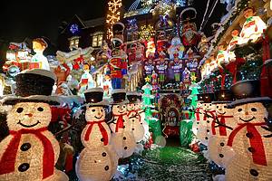 Brooklyn, NY, USA - December 09, 2017: Snow-covered decorations at Dyker Heights - a neighborhood in Brooklyn known for its extravagant displays every Christmas.