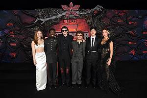 HOLLYWOOD, CALIFORNIA - NOVEMBER 06: (L-R) Sadie Sink, Caleb McLaughlin, Finn Wolfhard, Gaten Matarazzo, Noah Schnapp, and Millie Bobby Brown attend Netflix's "Stranger Things" Season 5 World Premiere at TCL Chinese 6 Theatres on November 06, 2025 in Hollywood, California. (Photo by Charley Gallay/Getty Images for Netflix)
