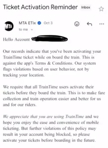LIRR $8 charge late ticket activation email
