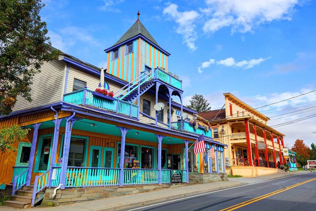 Hunter, New York, USA - October 13, 2021: Daytime view of shops and restaurants along Main Street