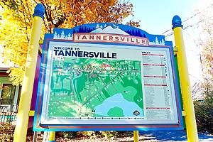 Tannersville, NY, USA - Oct. 5, 2025: Spurred by the multi colored pastels of its downtown buildings, the Catskills village of Tannersville has become a favorite seasonal destination for tourists.