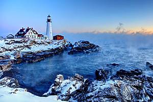 Portland Head Lighthouse is a historic lighthouse in Cape Elizabeth, Maine. The light station is automated, and the tower, beacon, and foghorn are maintained by the United States Coast Guard. The light station sits on a head of land at the entrance of the primary shipping channel into Portland Harbor, which is within Casco Bay in the Gulf of Maine.