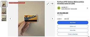 screenshot from ebay for the metrocard selling for $3,500