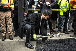 New York City Mayor Zohran Mamdani joins NYC DOT workers to fix the Williamsburg Bridge bump in Manhattan on Tuesday, January 6, 2026