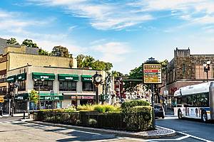 Yonkers, NY - US - Sep 21, 2024 Landscape of people walking through Getty Square in downtown Yonkers, New York. The civic center, central business district, and transit hub of the City of Yonkers.