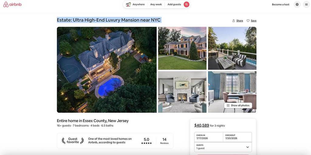 $40,000 mansion in Essex county on Airbnb