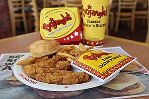 Fried chicken tenders, french fries, and a buttermilk biscuit at a Bojangles’ restaurant in Columbus, GA