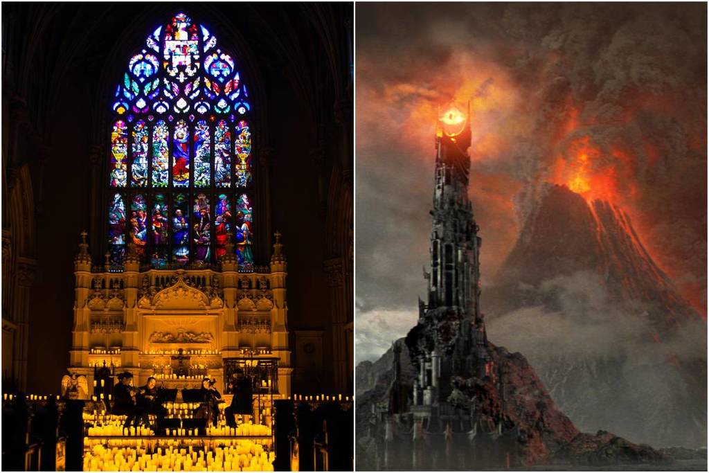 A collage of St Ann & the Holy Trinity during a Candlelight concert and Sauron's fortress from The Lord of the Rings franchise