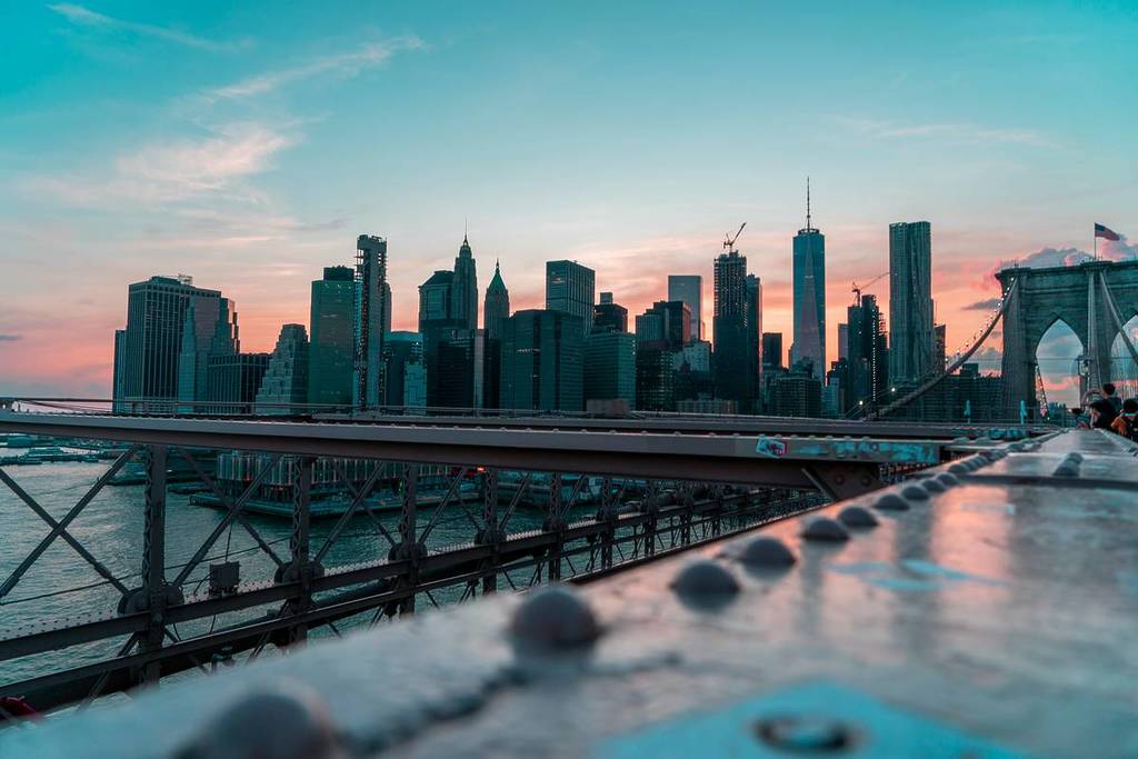View of the NYC skyline from the Brooklyn Bridge
