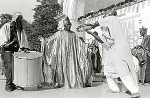 American avant-garde jazz musician Sun Ran (center, born Herman Poole 'Sonny' Blount, 1914-1993) leads his Arkestra at Central Park SummerStage at the Naumburg Bandshell, New York, New York, Saturday, July 29, 1989.CREDIT: Photograph © 1989 Jack Vartoogian/FrontRowPhotos. ALL RIGHTS RESERVED.