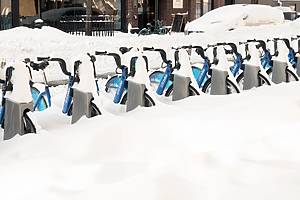 Snowed-in Citibike Bicycles after the Snow Storm in New York City.