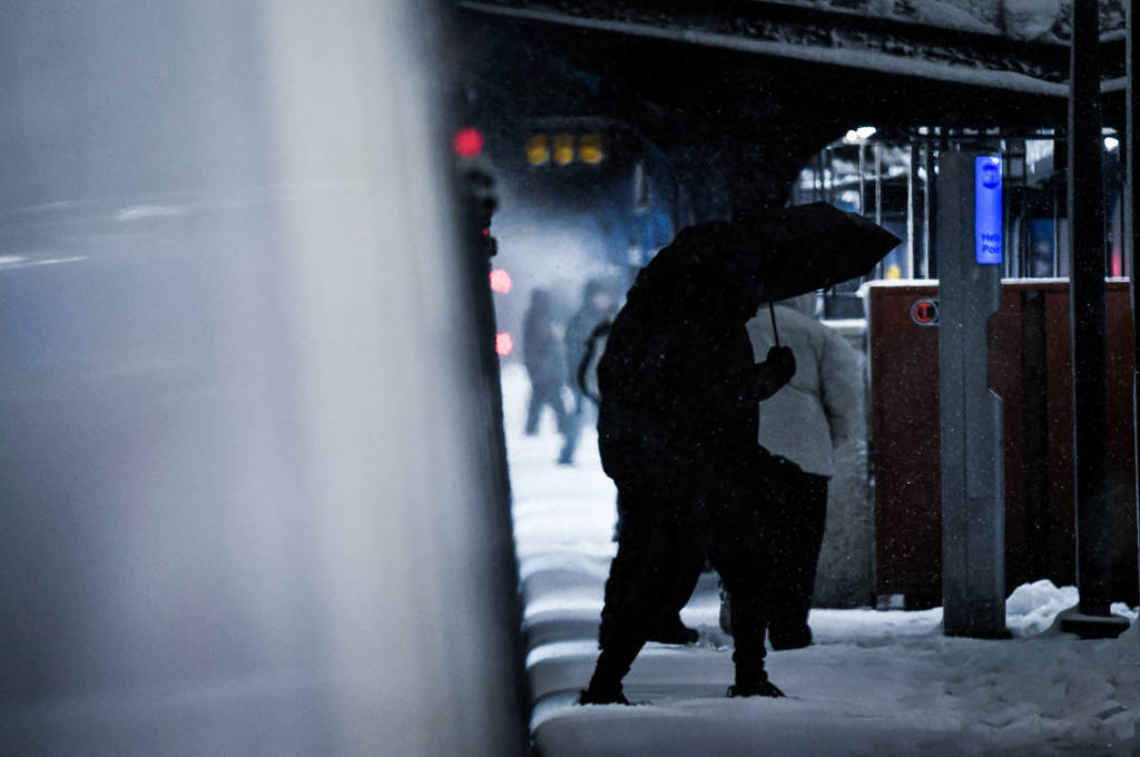 MTA New York City Transit operations during blizzard on the evening of Sunday, Feb 22, 2026. Brighton Q line. Brighton Beach.