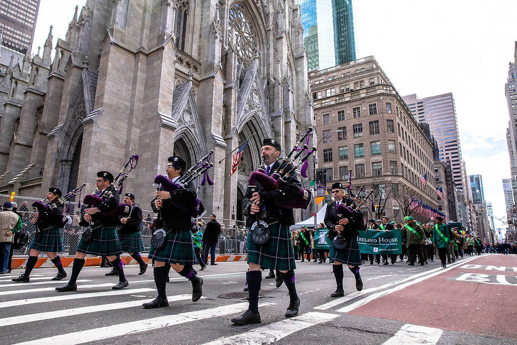 Glucksman Ireland House NYU and NYU Pipes and Drums march in the NYC St. Patrick's Day Parade, Saturday, March 16, 2019. (Credit: Kate Lord/New York University)