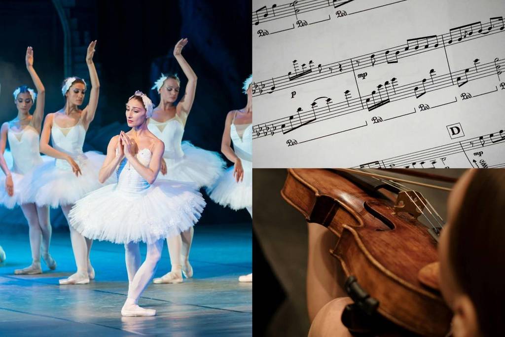 A collage of three images showing a ballet show, sheet music and a close up of a musician playing the violin