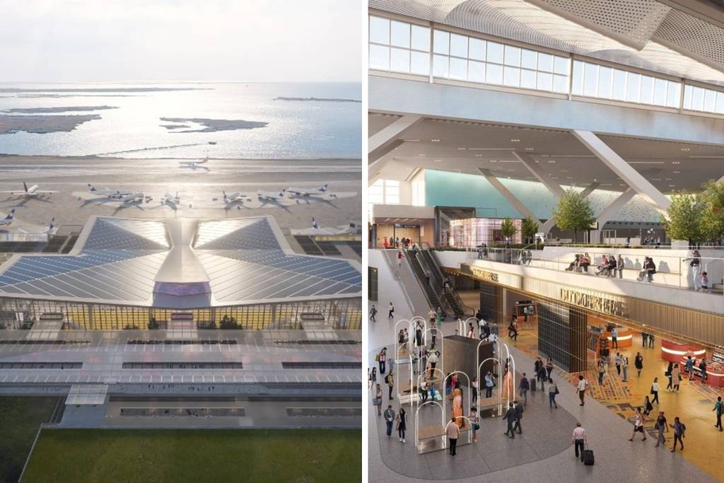 an exterior and interior rendering of JFK New Terminal One