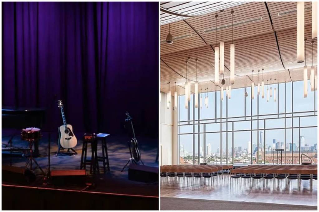 Un collage del Emelin Theatre en Westchester y The Sky Room en Jersey City