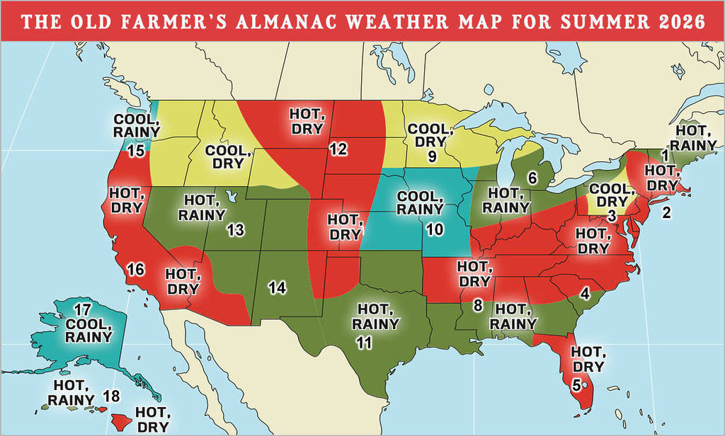 La mappa meteorologica dell’Old Farmer’s Almanac per l’estate 2026