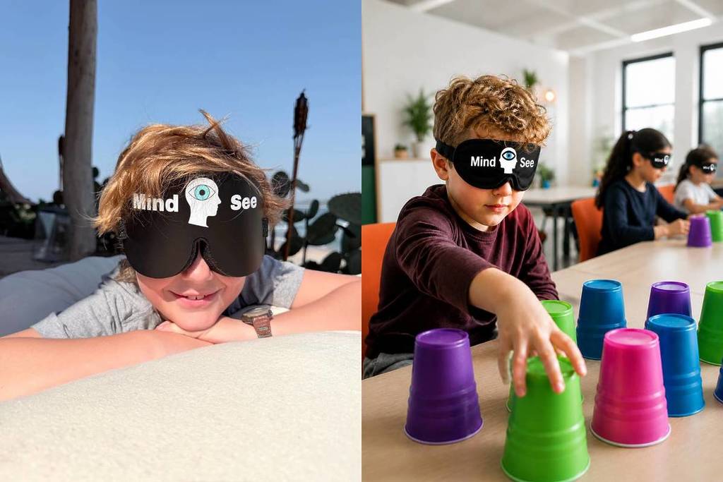 Two kids wearing a MindSee blindfold