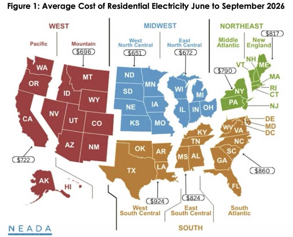 map showing the Average Cost of Residential Electricity June to September 2026