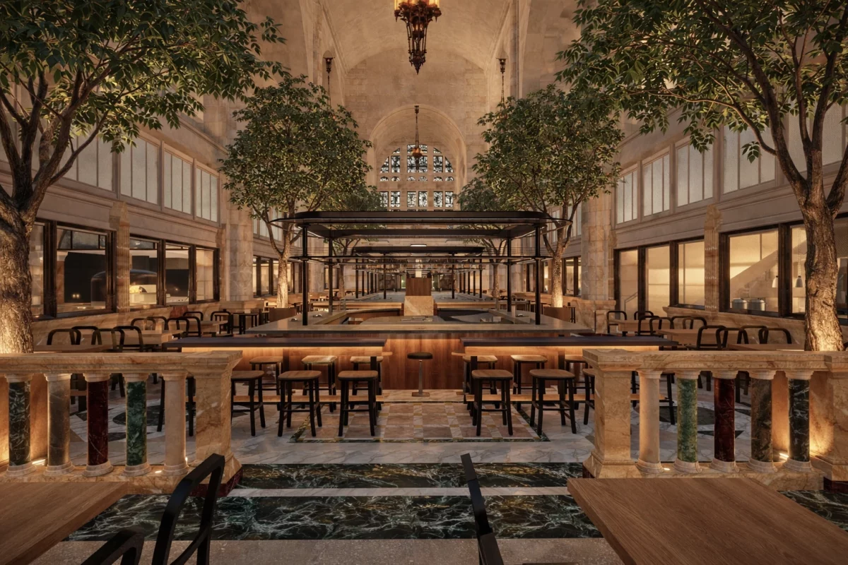 Brooklyn's 512-foot historic Clocktower is being resurrected as a massive, world-class culinary destination—with theatrical open kitchens, aperitivo bars, & hidden dining spaces