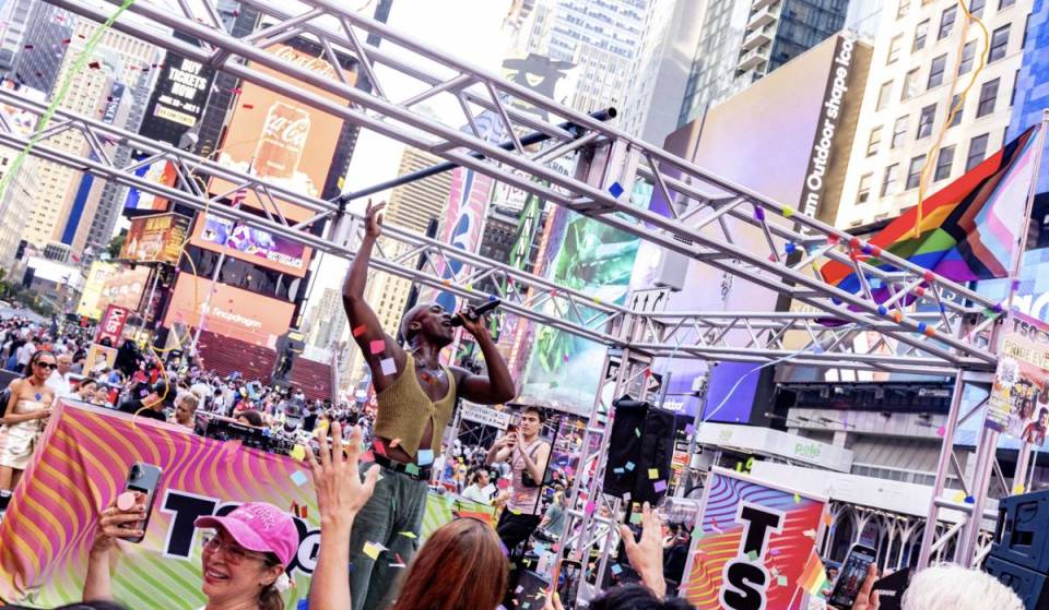 Times Square is transforming its Broadway plaza for a massive free Pride series this week — featuring a mini ball, live pop, and a drag finale