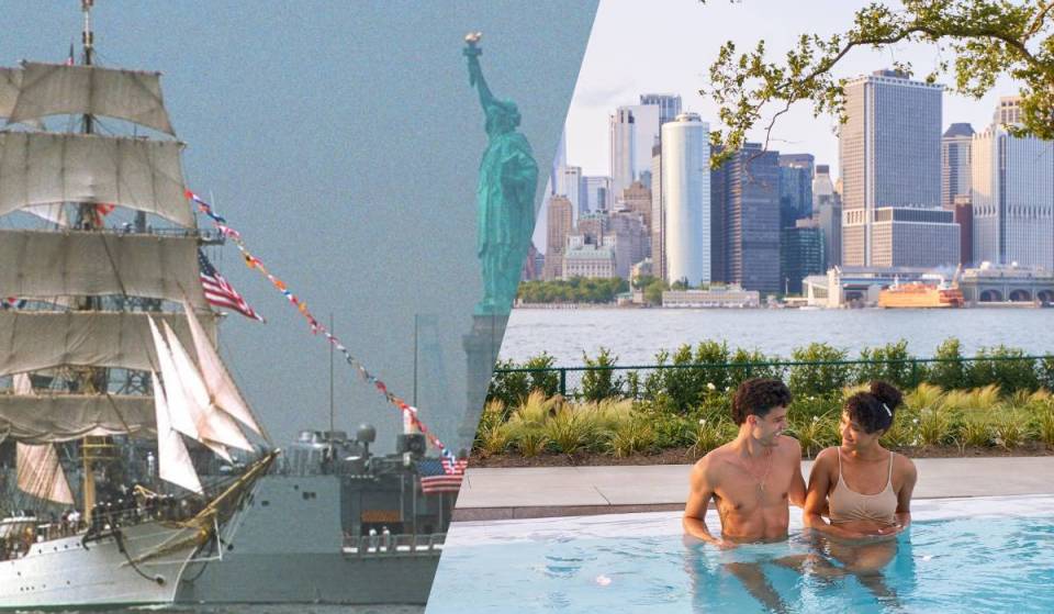 Instead of fighting crowds at the pier, you can watch NYC’s massive 250th tall ship parade from this heated Governors Island spa