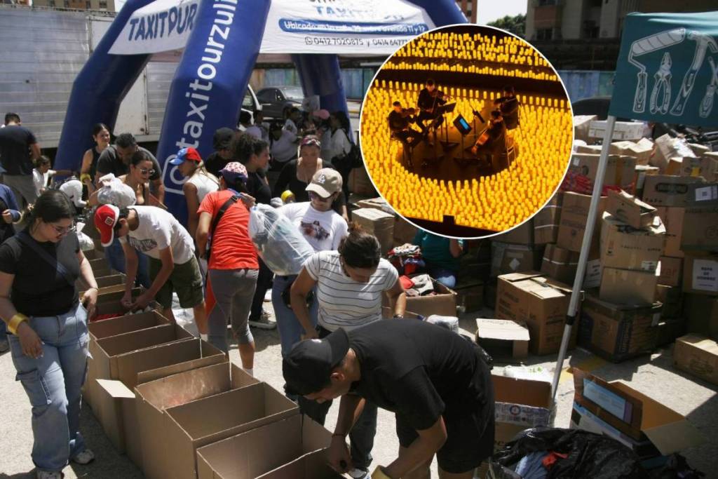 People in Venezuela boxing up products after the earthquake plus a string quartet performing by candlelight