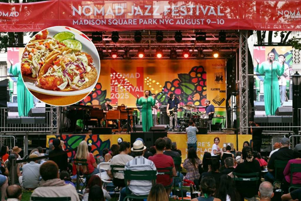 artista sul palco del NoMad Jazz Festival e cibo da Tacombi NYC