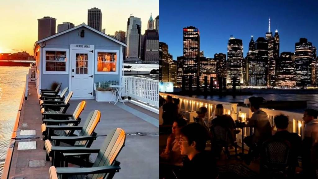 Escondido tras una puerta de acceso restringido en el Brooklyn Bridge Park: necesitas un código secreto por SMS para acceder a Concrete Shoals, un bar flotante donde cenar bajo las velas y disfrutar de las vistas de la Estatua de la Libertad