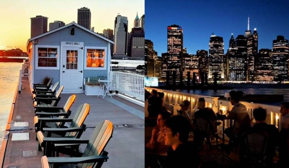 Hidden behind a restricted gate in Brooklyn Bridge Park: you need a secret text code to access Concrete Shoals, a floating bar with sail-up dining and Statue of Liberty views