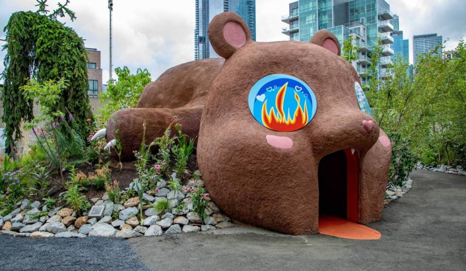 Slide out of a giant 25-foot teddy bear: A massive living forest just took over this Queens courtyard, and admission is completely free