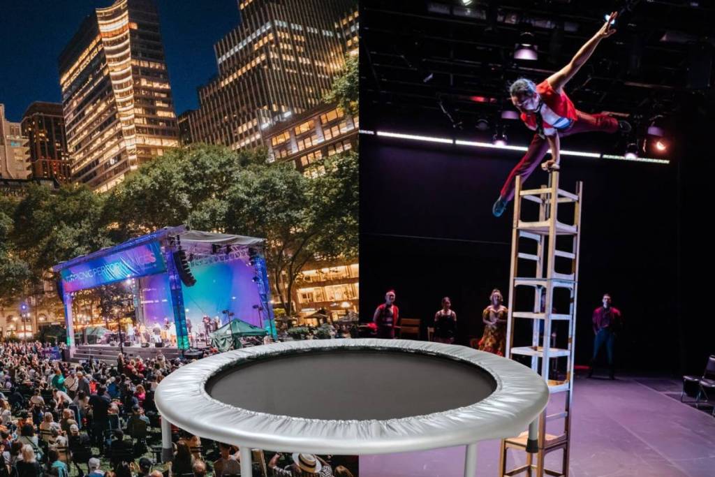 Una delle destinazioni estive più suggestive di Manhattan svela un enorme trampolino per un solo giorno, trasformandosi in un’esperienza circense teatrale a cui partecipare è totalmente gratis