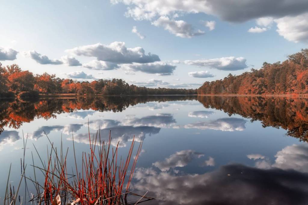 Le nuvole si riflettono sulla superficie del lago Batsto