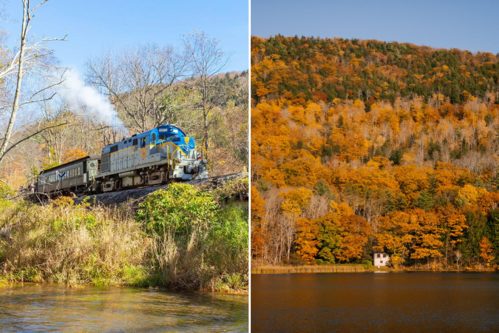 Delaware & Ulster Railroad and the catskills with fall foliage