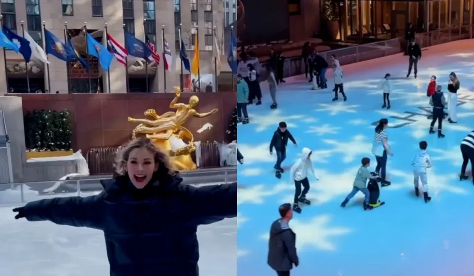 Rockefeller Center ice rink nighttime light projections