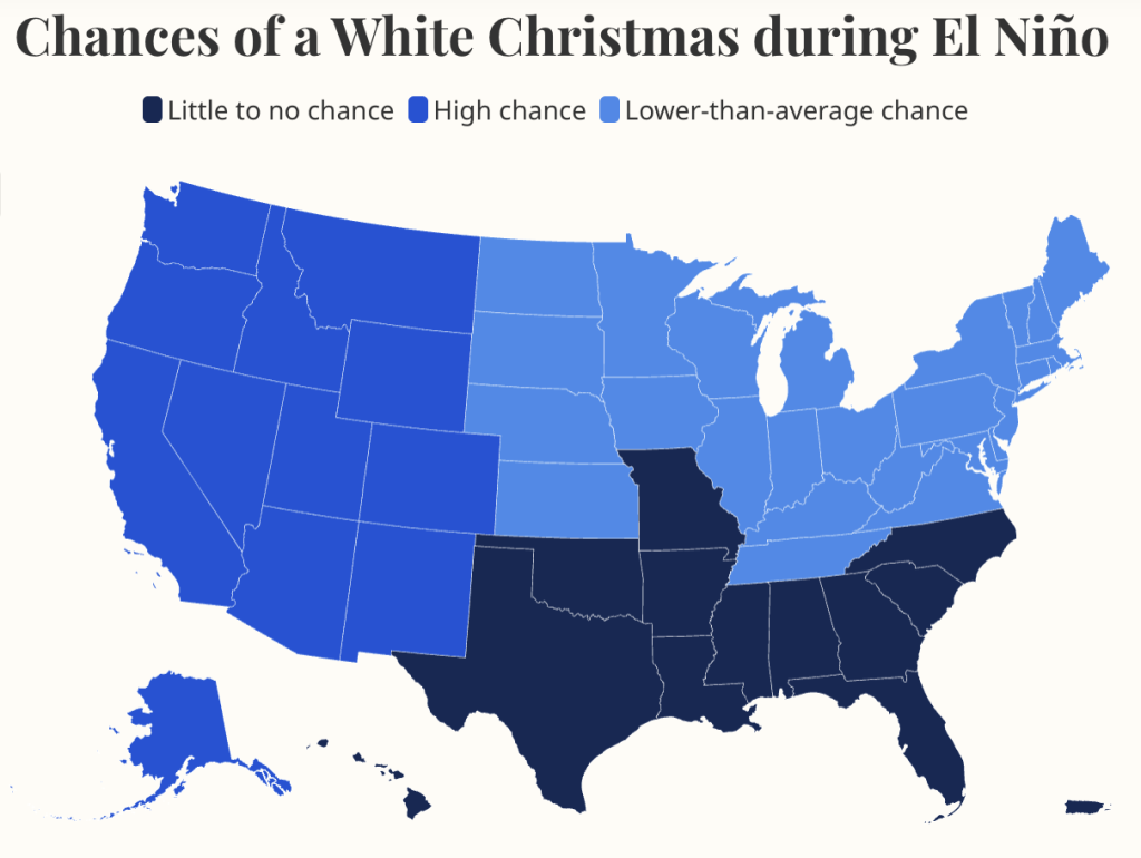 mapa que muestra las probabilidades de una Navidad blanca durante El Niño
