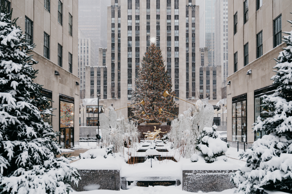 Rockefeller Center Christmas tree in the snow