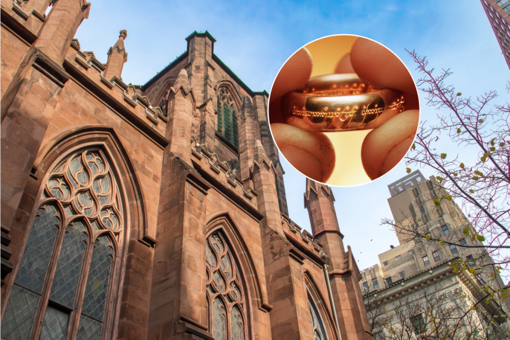 Uma colagem da fachada da igreja de Santa Ana e da Santíssima Trindade, no Brooklyn, e do Anel Único da franquia cinematográfica “O Senhor dos Anéis”