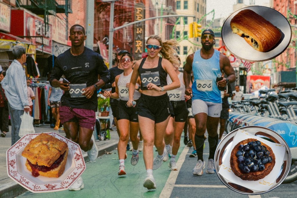 Menschen, die während des NYC Bakery Run auf der Straße laufen, zusammen mit Gebäck aus verschiedenen New Yorker Bäckereien