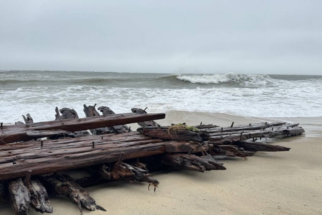 Una tempesta proveniente da nord-est ha appena portato a galla pezzi storici della Warren Sawyer, un relitto del 1884 che si è arenato vicino a Miacomet Beach